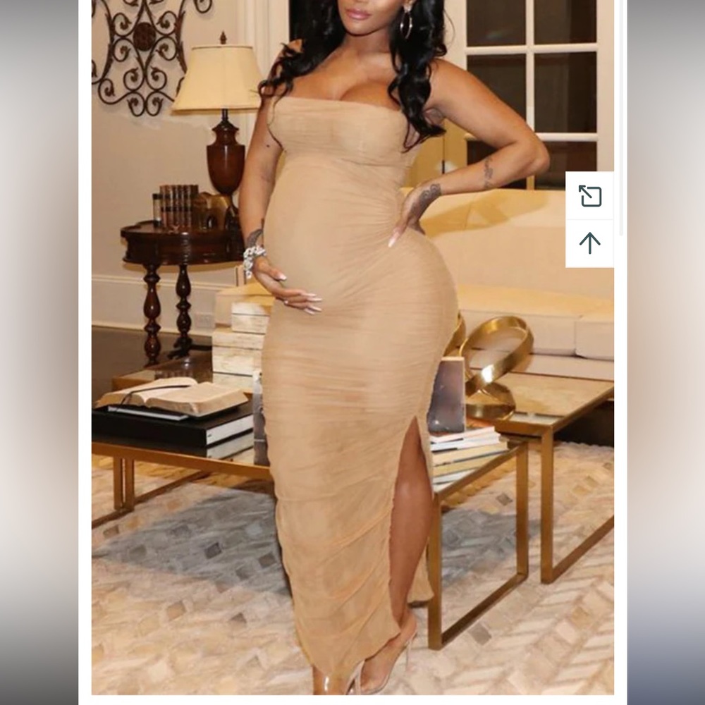 Momyknows Spaghetti Strap Tulle Ruffle Side Slit Bodycon Baby Shower Maternity